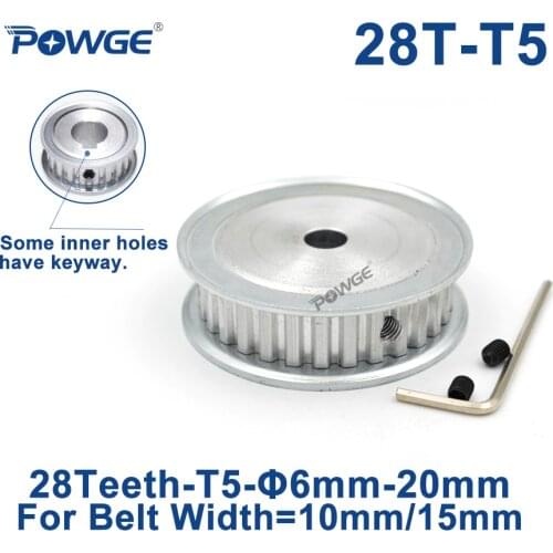 POWGE 28 Teeth T5 Timing Synchronous pulley Bore 6/8/10/12/14/15mm for belt width 10mm/15mm 28-T5-15 AF Wheel Gear 28teeth 28T