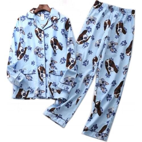 Spring Autumn Two-Piece Female Casual Cartoon Pajama sets Ladies 100%Cotton Sleepwear suit Women Turn-down Collar shirt & Pants