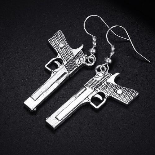 Vintage Pistol Gun Shape Antique Silver Plated Punk Hiphop Rock Style Retro Drop Earrings for Women Girl & Man Party Jewelry