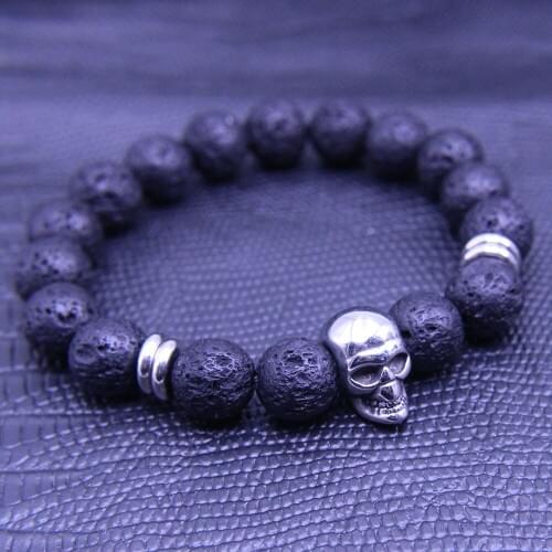 Wonlee Winle 10mm Lava Stone Beaded Stretch Bracelets for Men&Women Stainless Steel Skull Head Charms Strand Bracelet