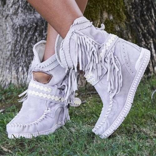 2020 New Women Ankle Short Boots Tassels Round Toe Buckle Strap Ethnic Style Warm Non-slip Boots Shoe for Lady Warm