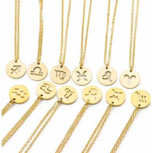 Collares Largos De Moda 2020 Stainless Steel Gold Color Chain Circle Zodiac Necklace Women Men Constellation Jewelry Collier