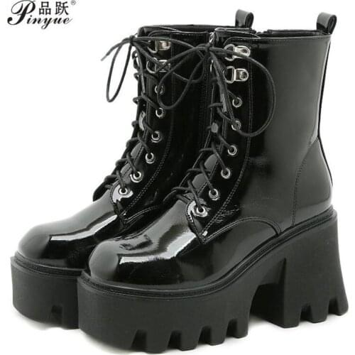 Women Autumn New Patent Leather High-heel Thick-heel Short Boots Women Platform Motorcycle Boots Women Martin Boots