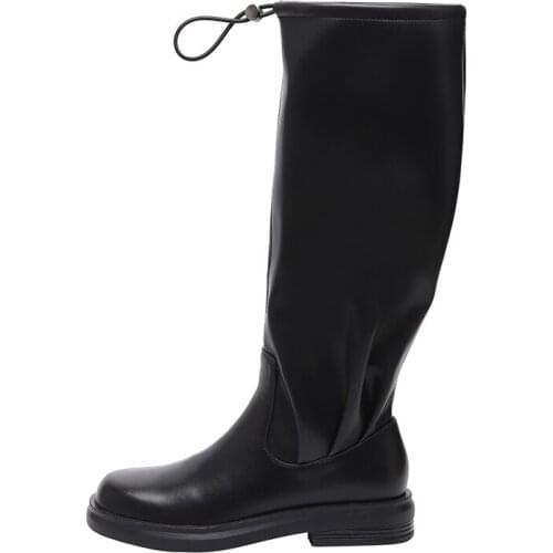 Elastic Band Women Knee High Boots Microfiber Chunky Heels Platform 2021 Autumn Winter Casual Concise Fashion Shoes for Ladies