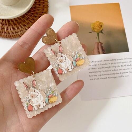 AOMU Sweet Cute Brown Acrylic Cartoon Rabbit Earrings Irregular Geometric Smooth Square Drop Earrings for Women Gifts Jewelry