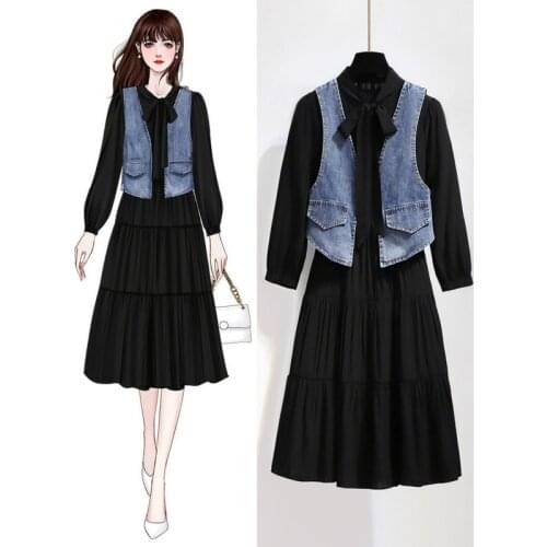 2021 Women Autumn Winter Elegant 2 Piece Sets Female Denim Vest + Bow Print Pleated Dress Sets Lady Casual Solid Loose Suit PJ50