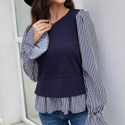 CARDE HOMES Autumn 2021 New Long Flare Sleeve O-Neck Pullover Simple Women T-shirt Fashion Casual Navy Stripe Loose Tops Tees