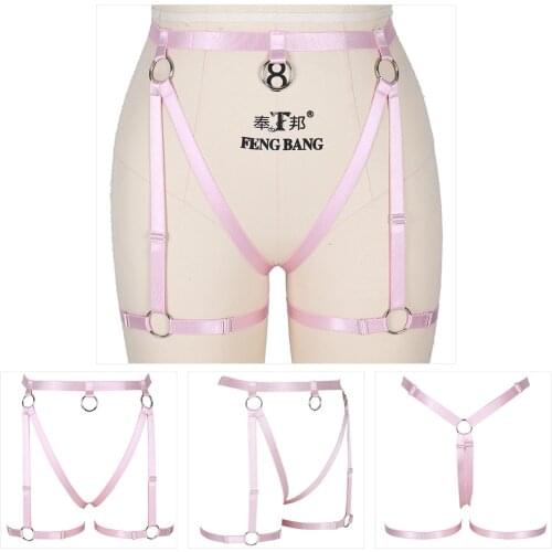 Sexy Pink Bondage Harness Woman Garter Stocking Belt Gothic Body Fetish Lingerie Strappy Waist To Leg Harness Thigh Garters Belt