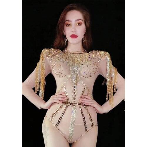 Bar Nightclub Women Gold Rhinestones Tassel Mesh Bodysuit Sexy See Through Singer Dancer Stage Performance Costumes DT1923