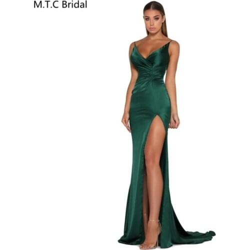 Sexy Mermaid Green Long Prom Dresses New Arrival High Slit Backless Elastic Satin Plus Size Wedding Party Dress Robe De Soiree