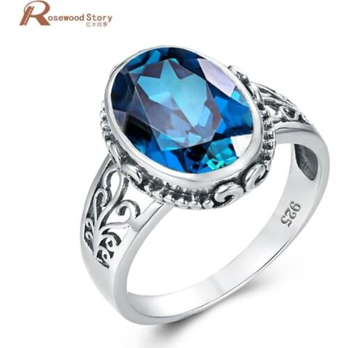 Women Silver Color 925 Princess Sea Blue Topaz Diamond Ring Oval Gemstone Bizuteria Anillo 925 Jewelry for Women Ring Box