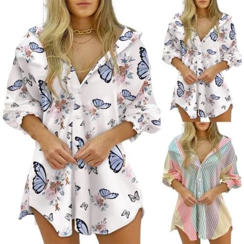 New Shirt Dress Stripe Print V Neck Women Single Breasted Long Sleeve Irregular Hem Dress for Office