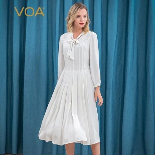 VOA Silk Spring Milk White Party Dress Womens Clothing 2021 AE195 Lace Bow Bump Splicing Beaded Button Dresses for Women