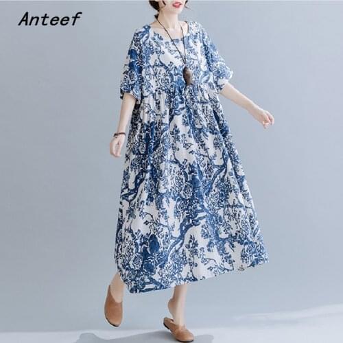 Cotton plus size vintage porcelain floral women casual loose long summer dress elegant clothes 2021 ladies dresses sundress