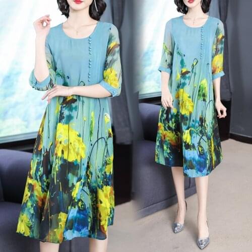 2021 Vintage Loose 3XL Plus Size Beach Midi Dress Summer Green Floral Mulberry Silk Dress Women Elegant Bodycon Party Vestidos