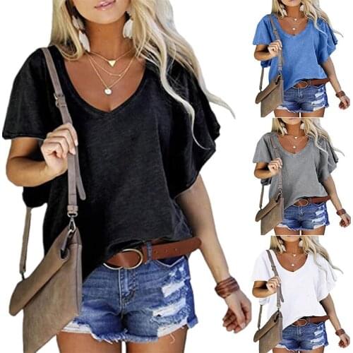 5XL Woman Tshirts 2021 New Womens Tops V-Neck Cotton T Shirts Solid Short Sleeve Tees Casual Loose Pius Size Femmel T-Shirt