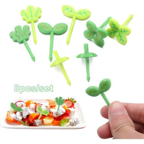 8pcs Fruit Fork Toothpick Leaves Plastic Decoration Lunch Box Bento Accessories Small Salad Tiny Fork Mini Cake Picks For Kids