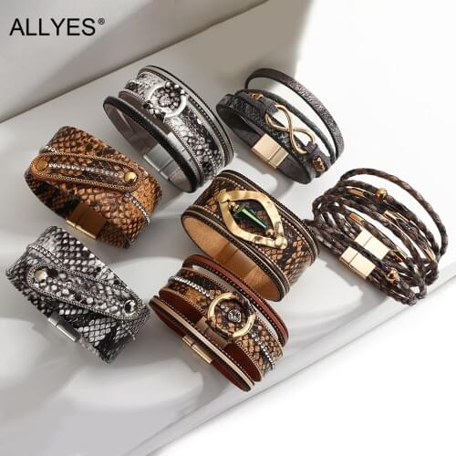 ALLYES Boho Snake Skin Leather Bracelets for Women Animals Pattern Wide Wrap Bracelet Female Wild Leopard Punk Jewelry Gifts