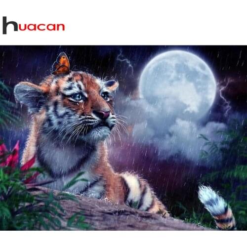 Huacan Diamond Painting Full Drill Tiger Moon Scenery Diamond Embroidery Mosaic Animal Night Home Decor