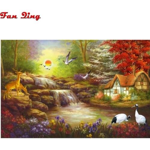Diamond painting country sunset picture full square round 3D cross stitch mosaic rhinestone diamond embroidery Crane Golden Deer