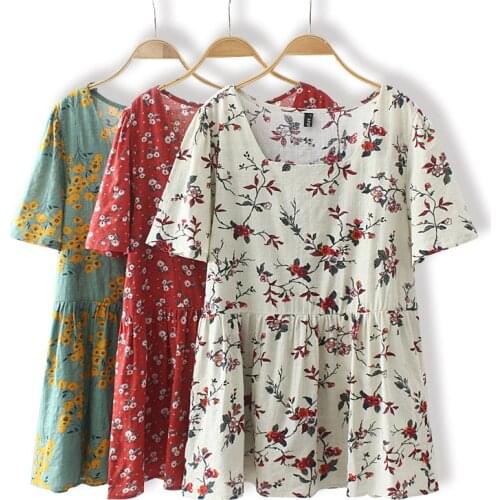 Large Size Womens Pastoral Style Broken Flower Square Collar Cotton Short-sleeved Loose-fitting Top 2021 New Summer Blouses