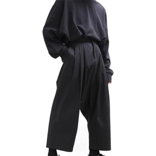 Mens casual pants wide-leg trousers culottes nine-point pants loose dark