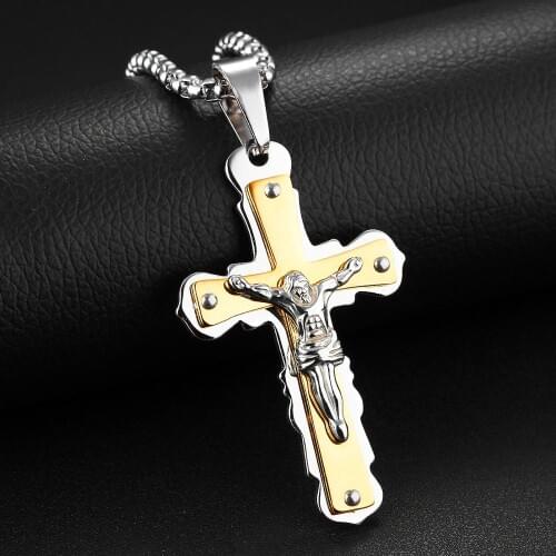 Stainless Steel Silver Color&Gold Pattern Jesus Christian Cross Mens Boys Jewelry Pendant Necklace Free Box Link Chain 24inch