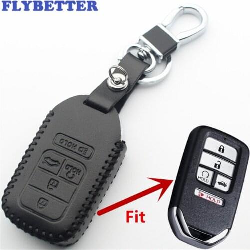 FLYBETTER Genuine Leather 5Button Keyless Entry Smart Key Case Cover For Honda Civic/Accord/Pilot/CRV Car Styling L392