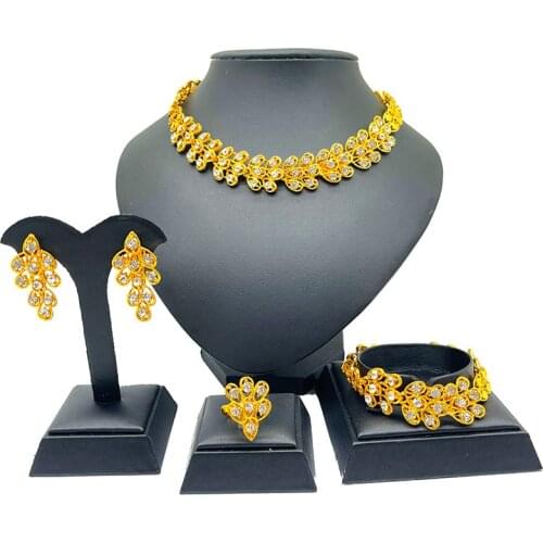 Dubai Gold color Earrings rings bracelet Necklace Jewelry sets Wholesale bridal gifts wedding jewellery collares set for women