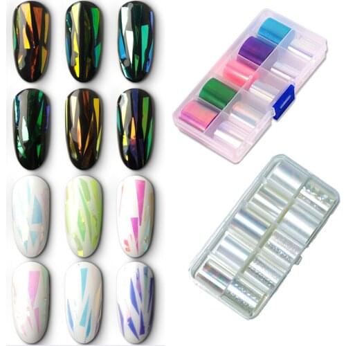 Nail Foils Transfer Sticker 10pcs Laser mirror rainbow Glass Iridescent Unicorn foil candy shattered Broken 2.5*100cm Foil Decal
