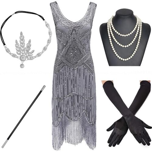 Gatsby Plus Size 1920s Sequin Fringed Paisley Art Deco Party Sleeve Dress with 20s Accessories Set for Wommen S,L,XL,XXL,3XL,4XL