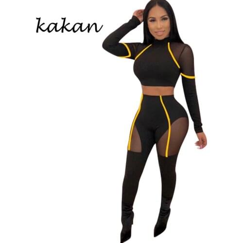 Kakan spring new womens tight bodysuit two-piece sexy high waist exposed navel mesh stitching body tights