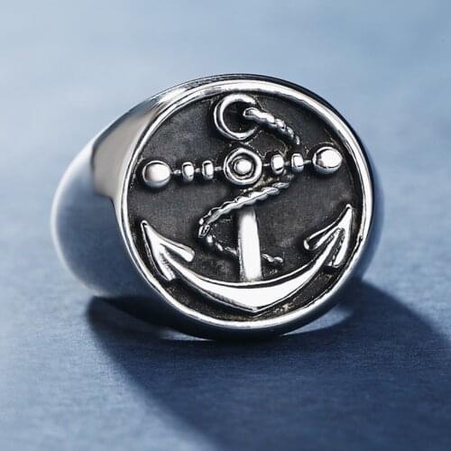 Retro Bumps Stainless Steel Anchor Signet Ring Men Women High Polished Punk Biker Ring Fashion Hip Hop Jewelry Big Size 7 to 15