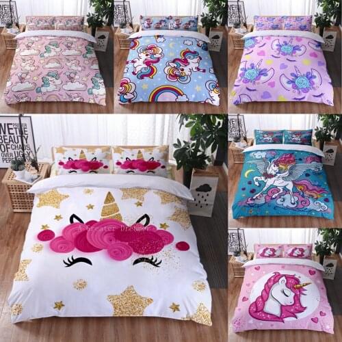 Pink Unicorn Bedding Set Luminous 3D Duvet Cover Colorful Rainbow Bedspreads Cute Crown Bed Set For Kids 3pcs
