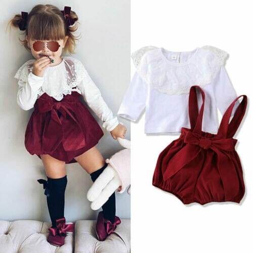Xmas Newborn Baby Girls Clothes Sets Lace Long-sleeved Yarn Lotus Leaf Tops + Strap Shorts Overalls Autumn Sets
