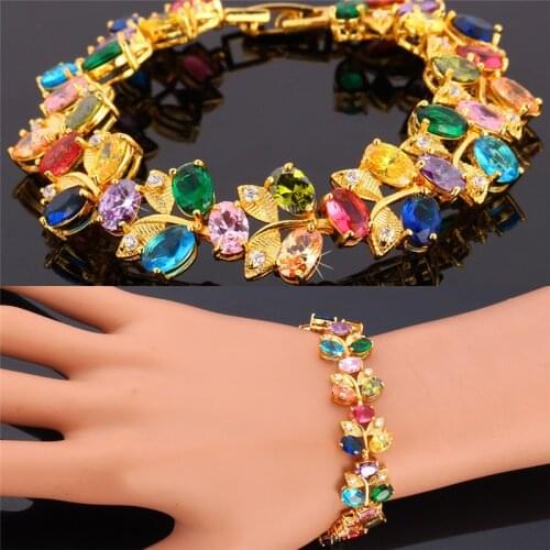 Kpop Luxury Bracelets Colorful Crystal Gold Color AAA+ Cubic Zircon High Quality Fashion Jewelry 17CM Bracelet For Women H012