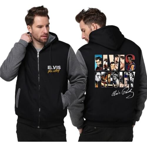 Mens Winter Jacket Elvis Presley Printing Hoodies Mens Thick Coat Hooded Sweatshirt