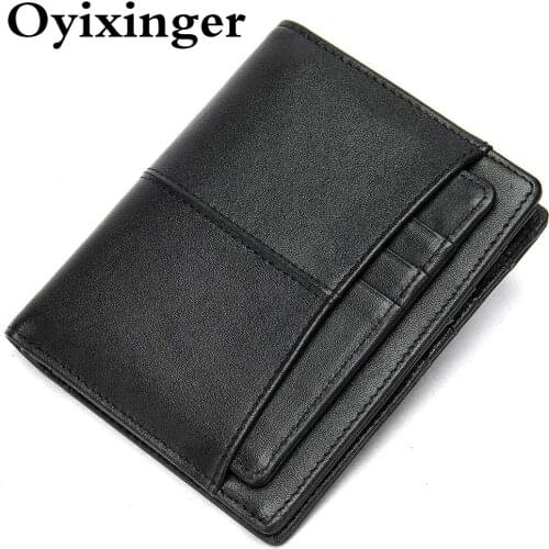 OYIXINGER Mens Wallet Genuine Leather Slim Wallets For Men Multiple Card Slots Purse For Male Solid Short Designer Card Holder