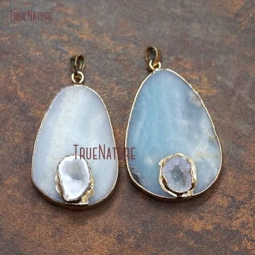 Natural Oval Shape Amazonites Double Bail Pendant Druzy Geode Gold Color Charm Jewelry In 50*35 mm PM8180