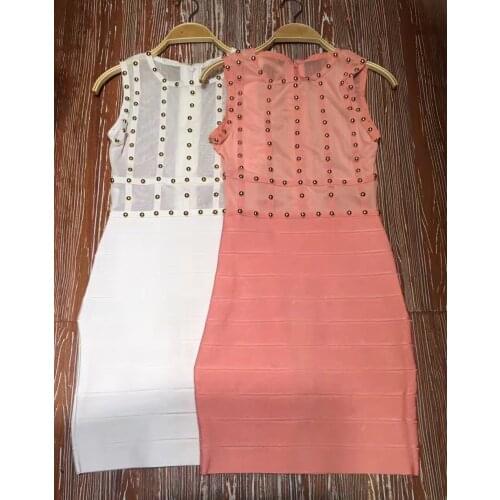 Nail Beaded Mesh Studded Sexy Women Bodycon 2017 New Sleeveless Bandage Dresses Rayon White Pink