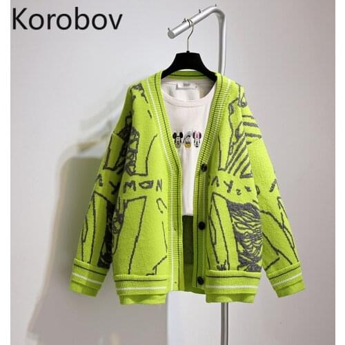 Korobov 2021 Autumn New Korean Women Cardigan Sweater Vintage V Neck Long Sleeve Cardigan Japanese Embroidery Knit Cardigans