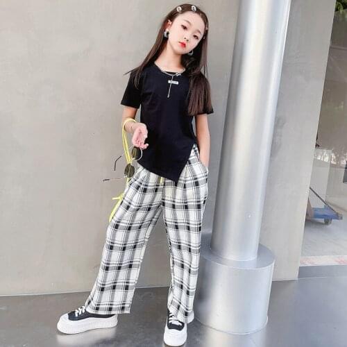 Hip-hop Girls Clothes Long sleeve T-shirt Patchwork Slim Top Coat Letter Loose Trousers Split Straight pants Kid Child Teen Sets