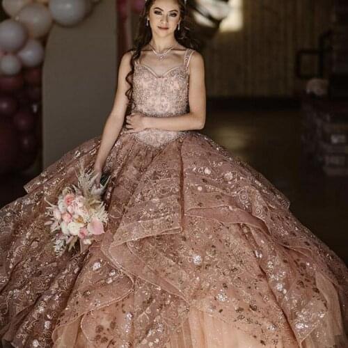 Rose Gold Luxury Quinceanera Dress 2021 Sequins Beads Sleeveless Gorgeous Party Princess Sweet 16 Ball Gown Vestidos De 15 Años