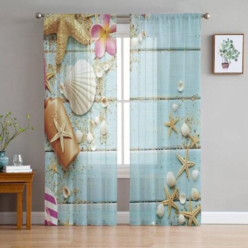 Shell Starfish Flowers Wood Grain Curtain Window Tulle For Living Room Bedroom The Kitchen Window Treatment Decorations Curtains