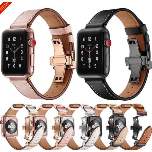 Genuine Leather Strap Butterfly Buckle for Apple Watch Band 44mm 40mm 42mm 38mm Luxury Watchbands for iWatch Series 6 5 4 3 2 SE