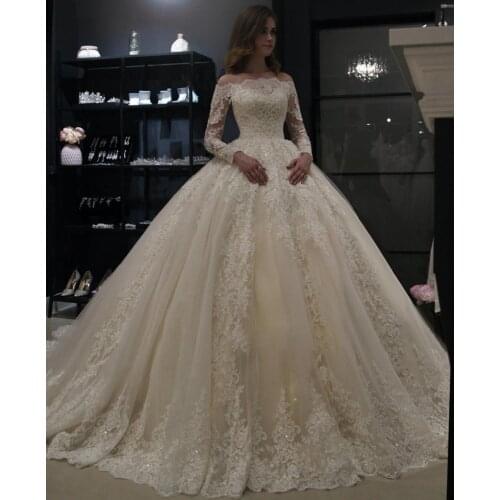Luxury Custom Princess Wedding Dresses Long Sleeve Beading Appliques Lace Wedding Gown Elegant Off The Shoulder Bride Dress