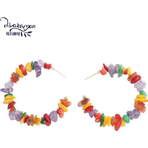 Dvacaman Bohemian Colorful Natural Stone Geometric Hoop Earrings for Women Fashion C-Shaped Earrings Jewelry Summer Accessories