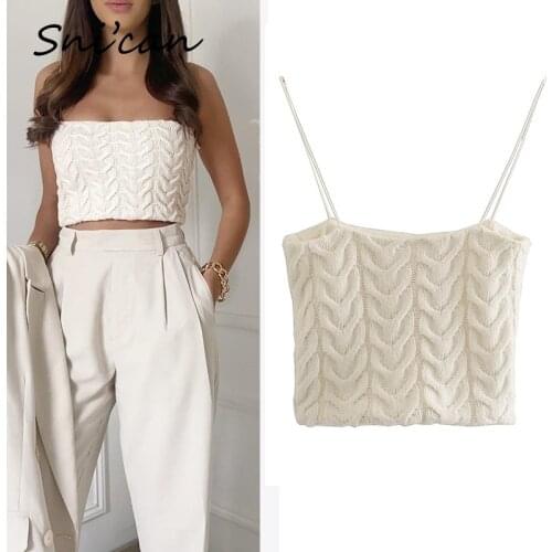 Snican Spring Solid Cable Knitted Sweater Vest Camis Za 2021 Women Fashion Pullover Ladies Spaghetti Cropped Tops Jumper Mujer