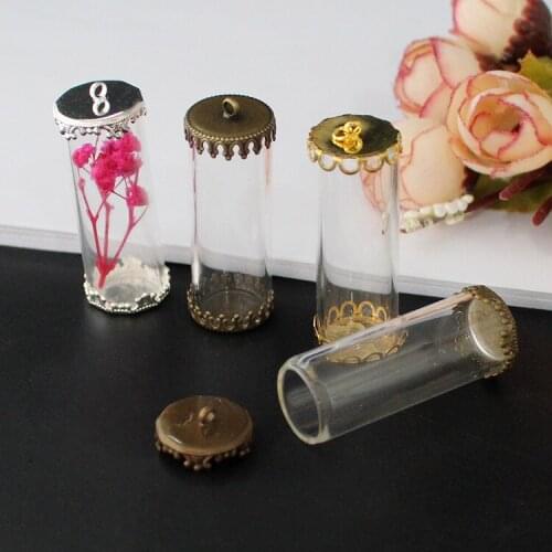 5PCS 40X15MM Glass Tube Bottle With Both Metal Caps One Sides Open Glass Vials Pendants Diy Jewelry Findling