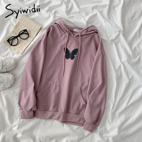 Syiwidii Butterfly Print Hoodies Women Long Sleeve Sweatshirt 2021 Fall Long Hooded with Pockets Loose Korean Pullovers Jumpers